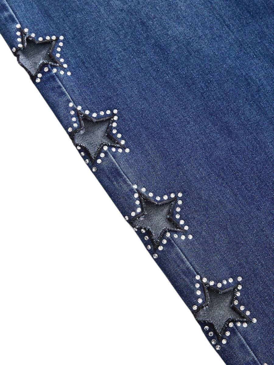 Y2K Star Cutout Rhinestone Distressed Blue Denim Jeans