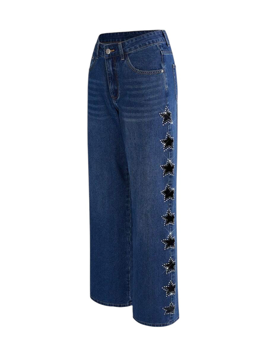 Y2K Star Cutout Rhinestone Distressed Blue Denim Jeans