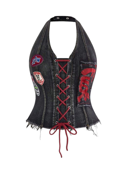 Plus Size Jersey Denim Halter Black Top