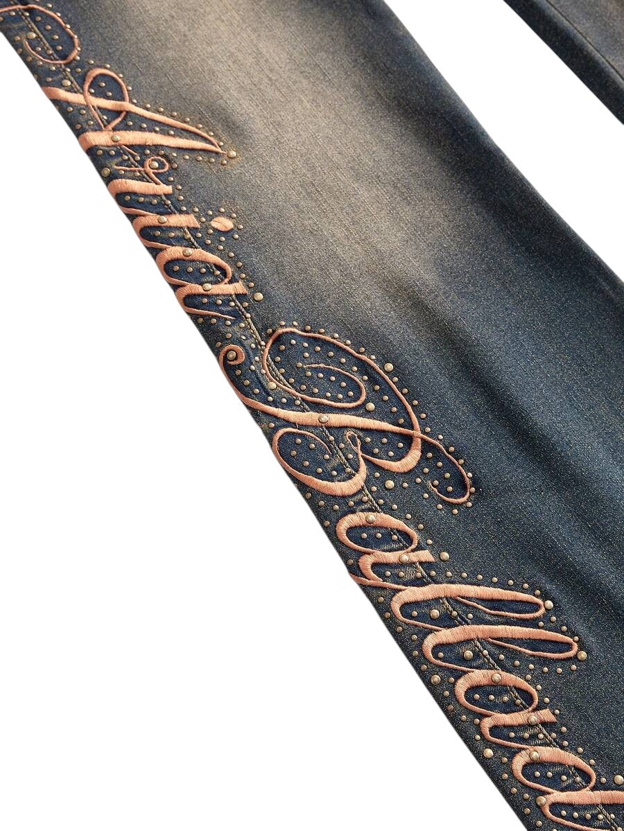 Y2K Low Rise Distressed Skinny Jeans with Slogan Embroidery