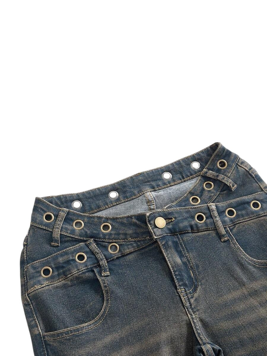 Y2K Low Rise Distressed Skinny Jeans with Slogan Embroidery