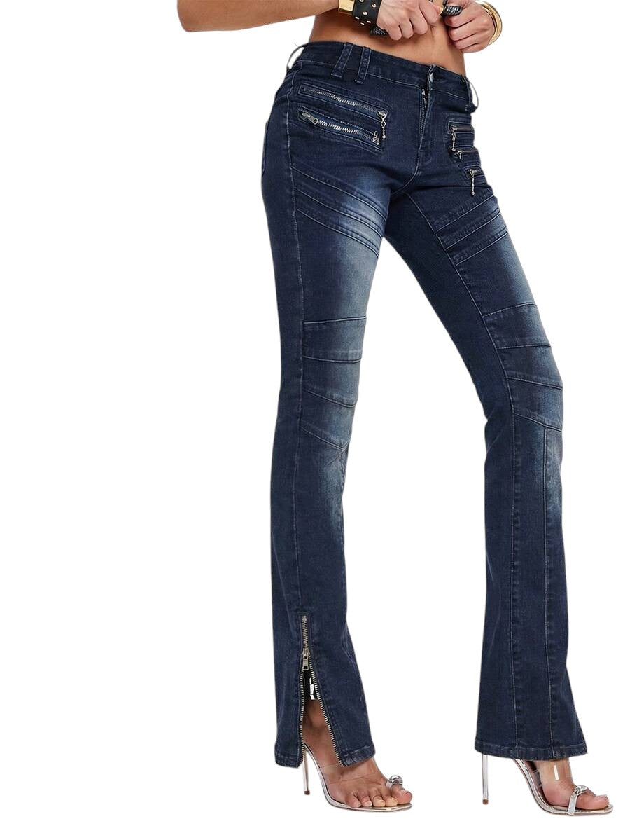 Y2K Ultra Low Rise Skinny Jeans with Two-Way Zip Hem