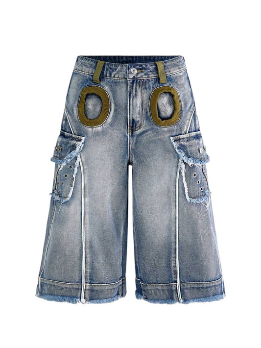 Women's Retro Y2K A-Line Cargo Pocket Cropped Denim Jeans