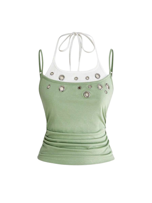 Green Y2K Eyelet Detail Fitted Crop Tank Top
