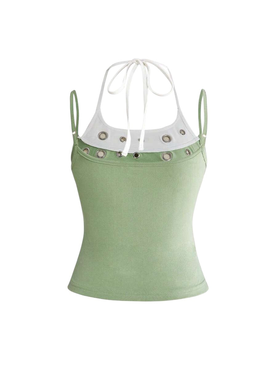 Green Y2K Eyelet Detail Fitted Crop Tank Top