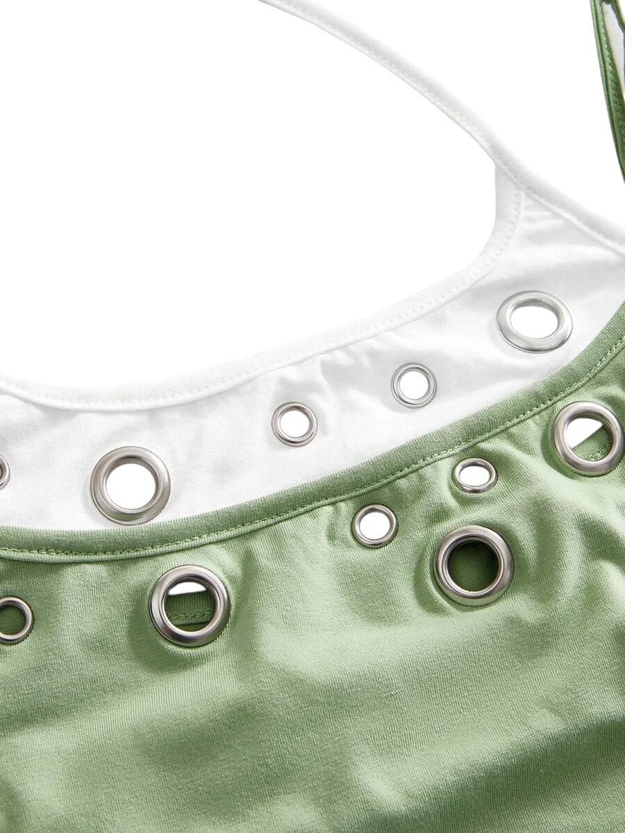 Green Y2K Eyelet Detail Fitted Crop Tank Top