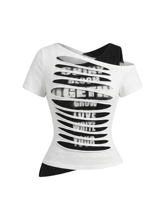 Asymmetric Letter Print Cold Shoulder Slim Fit Y2K White T-Shirt