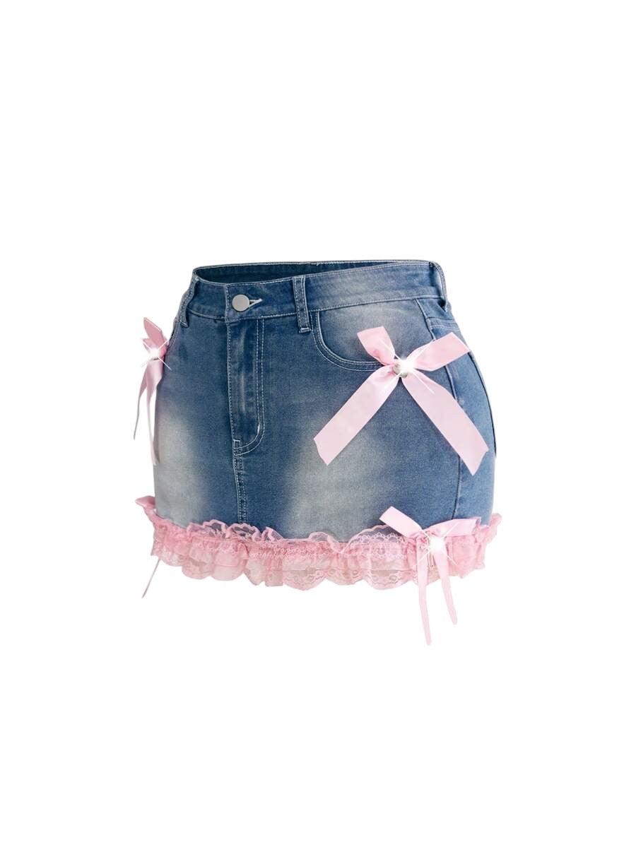 Y2K Cross Charm Lace Bow Low Rise Mini Denim Skirt