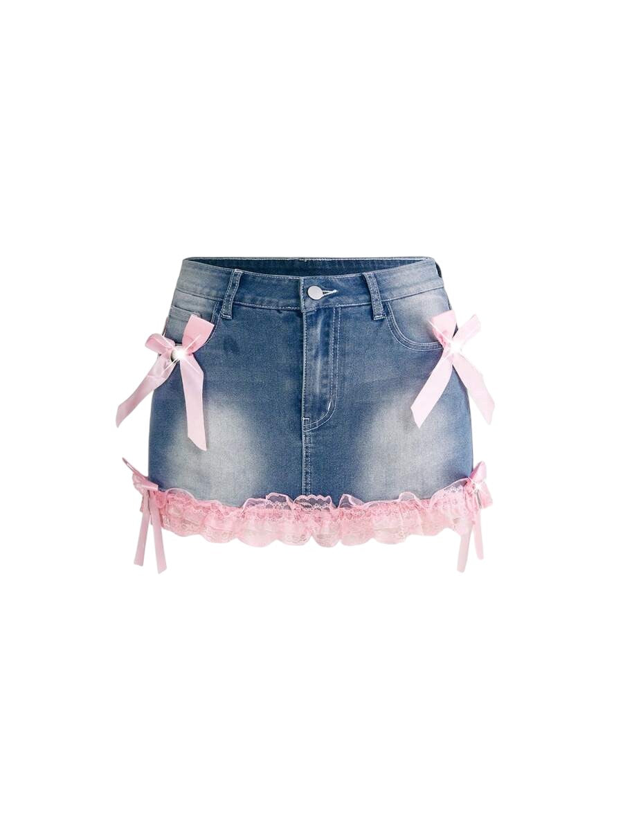 Y2K Cross Charm Lace Bow Low Rise Mini Denim Skirt