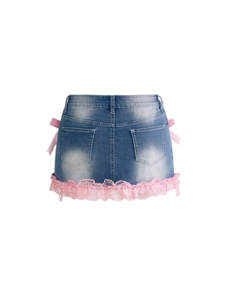 Y2K Cross Charm Lace Bow Low Rise Mini Denim Skirt