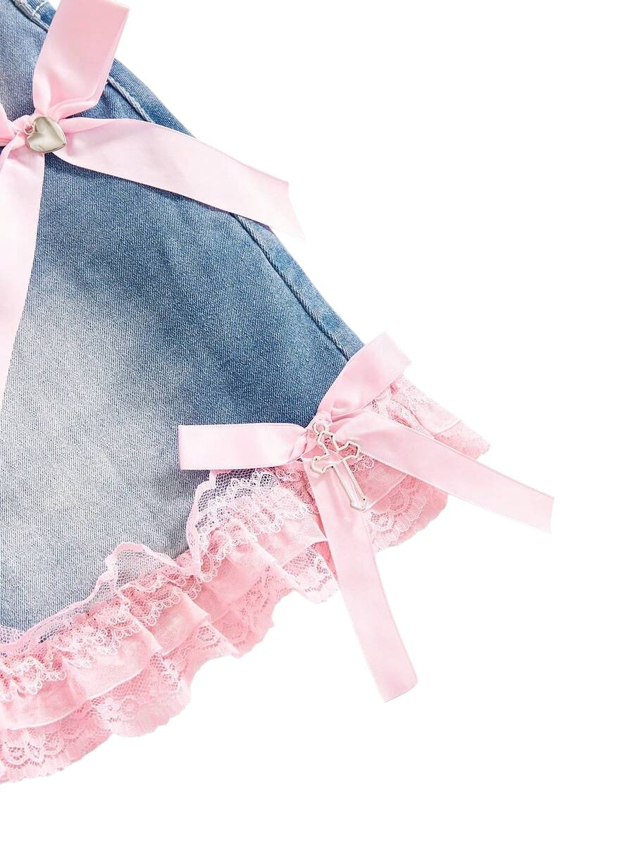 Y2K Cross Charm Lace Bow Low Rise Mini Denim Skirt