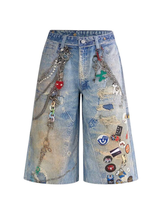 Women's Distressed Washed Chain Badge Print Wide Leg Jeans