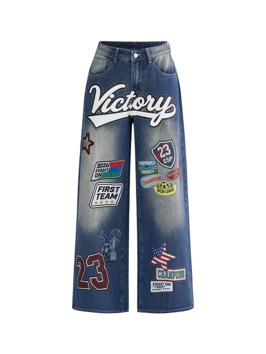 Retro Football Badge Rhinestone Wide Leg Denim Jeans
