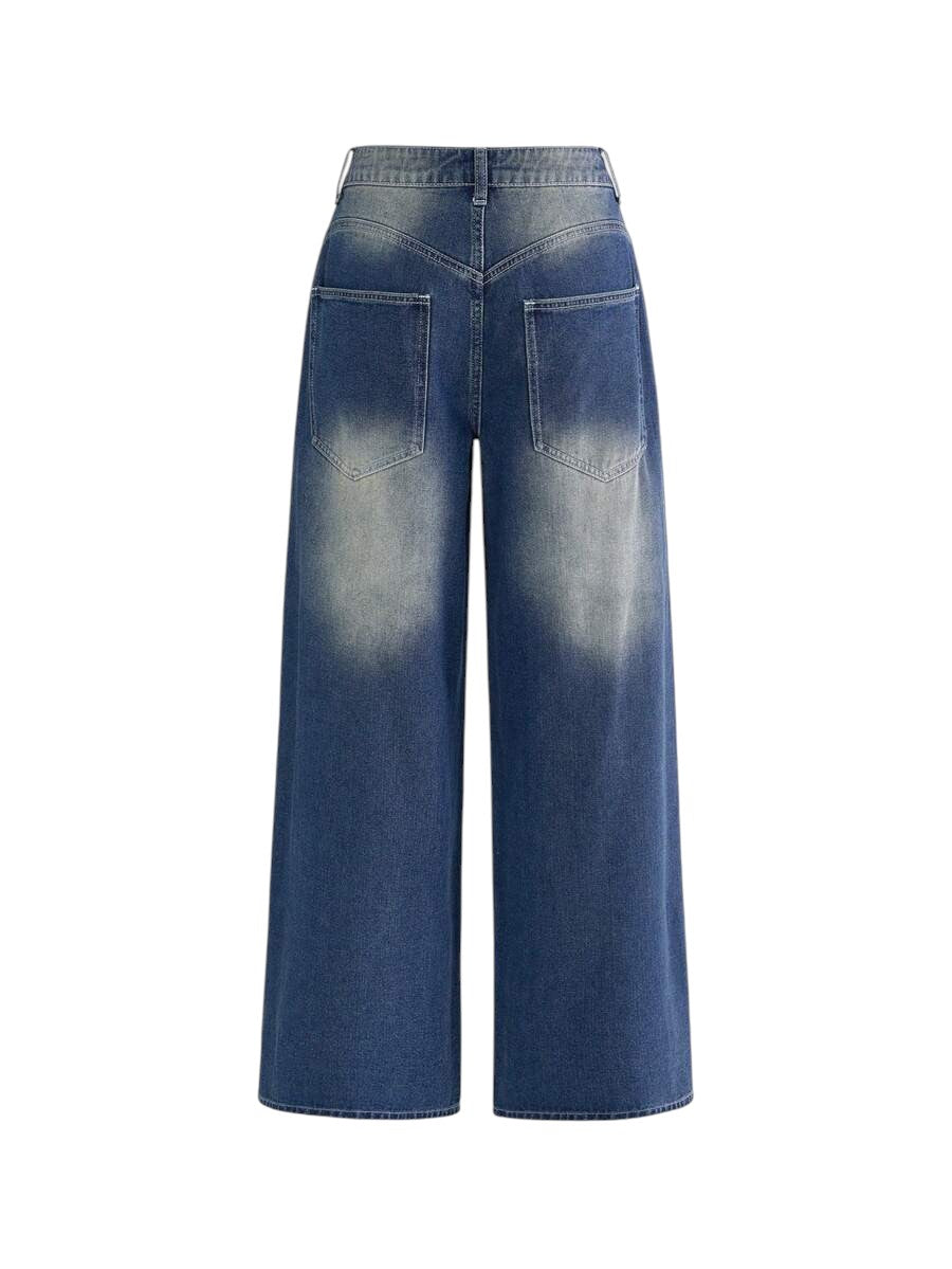 Retro Football Badge Rhinestone Wide Leg Denim Jeans