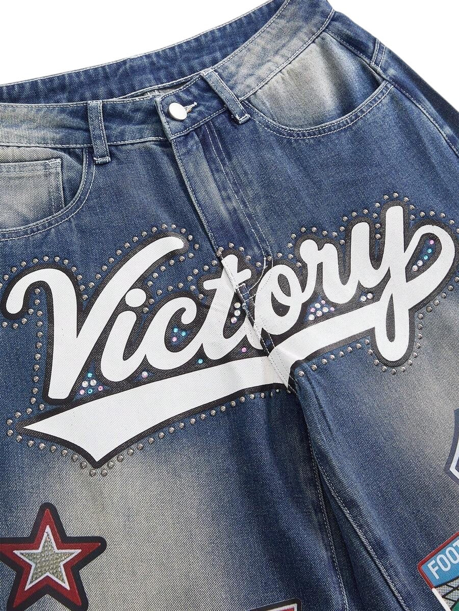 Retro Football Badge Rhinestone Wide Leg Denim Jeans
