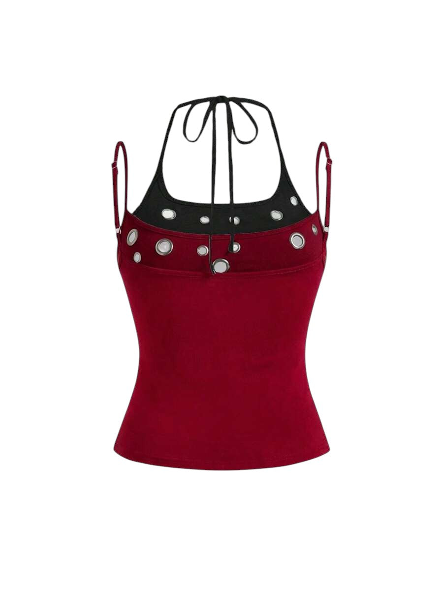 Burgundy Y2K Eyelet Detail Chic Sleeveless Tank Top