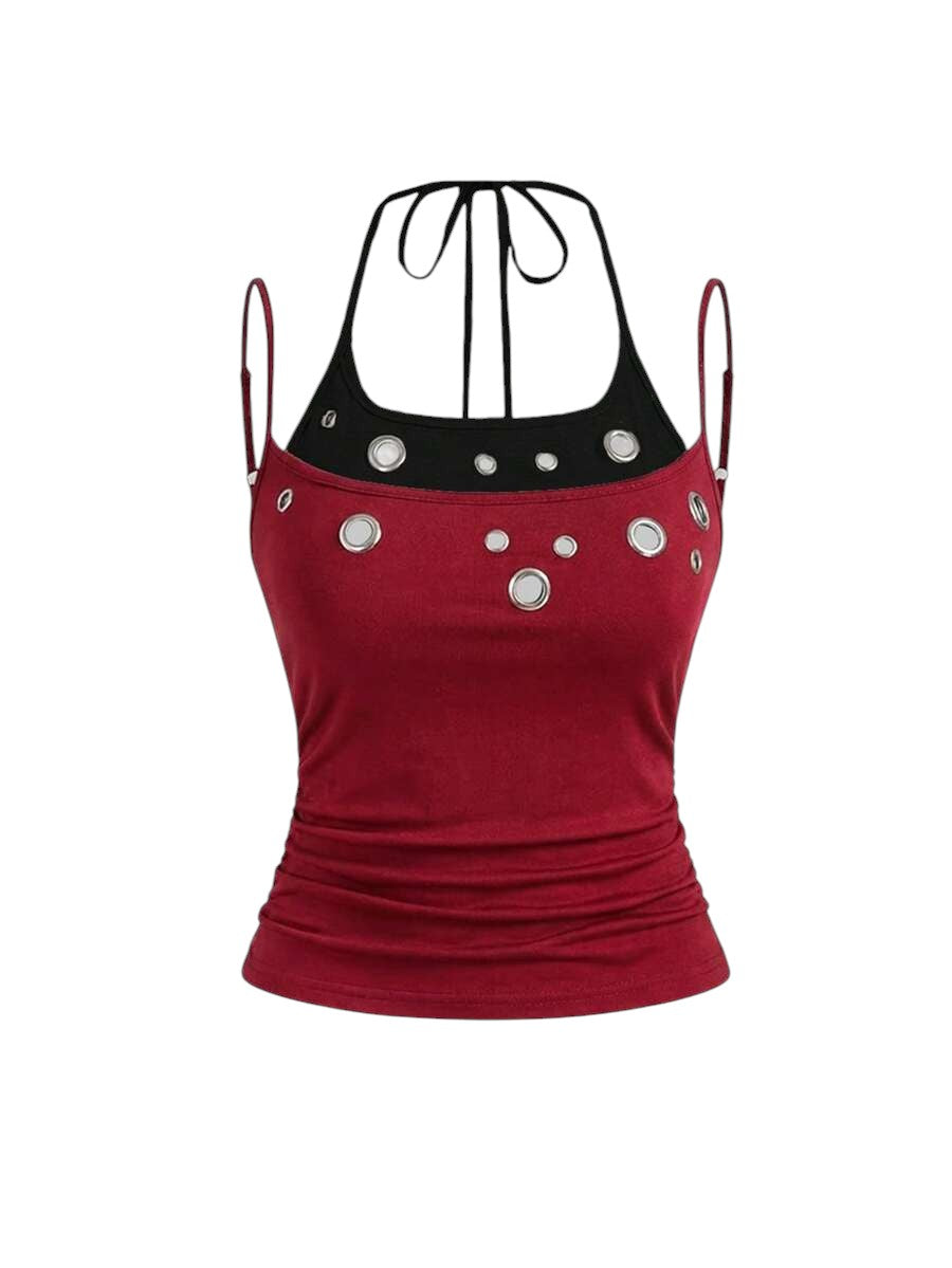 Burgundy Y2K Eyelet Detail Chic Sleeveless Tank Top