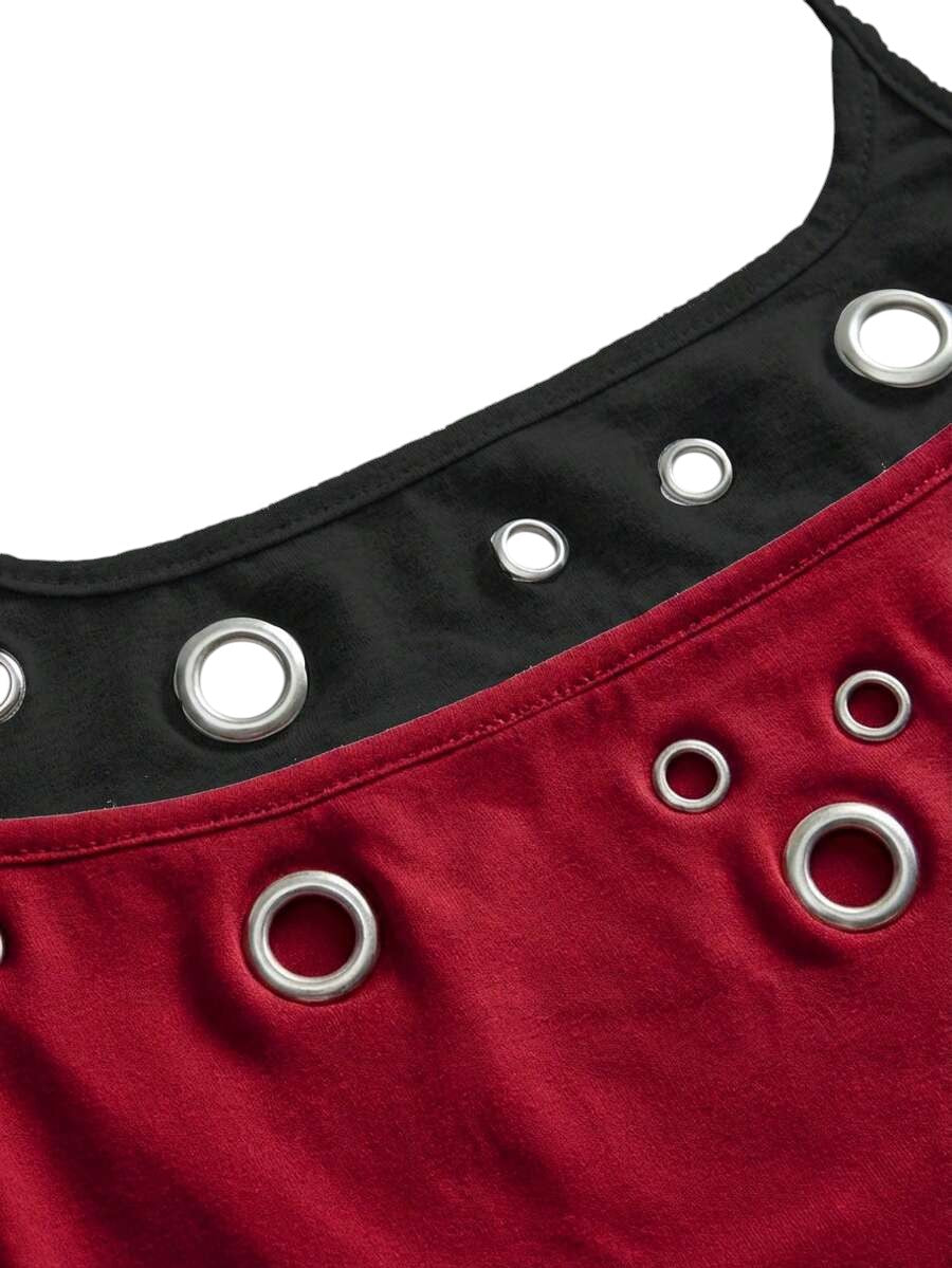Burgundy Y2K Eyelet Detail Chic Sleeveless Tank Top