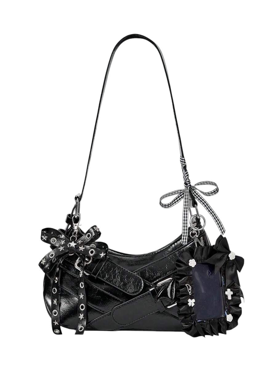 Women's Vintage Heart Charm Bow Accent Underarm Shoulder Bag