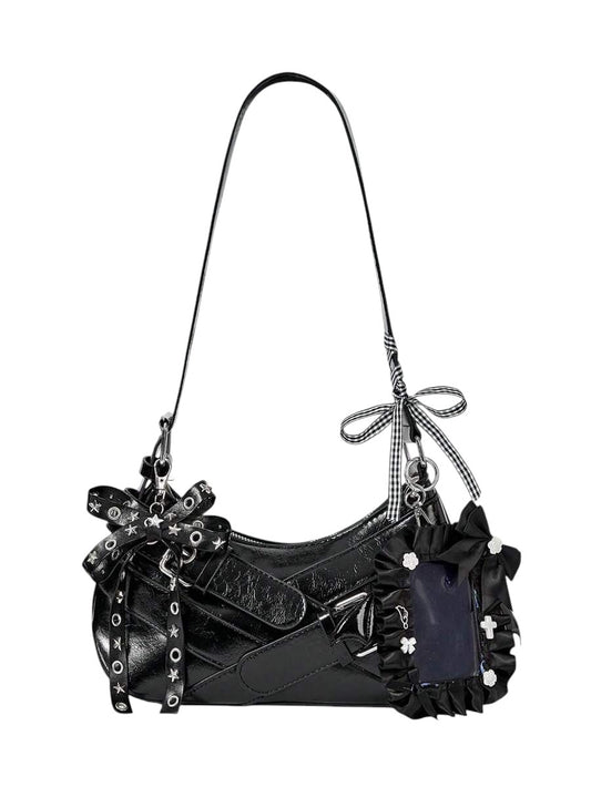 Women's Vintage Heart Charm Bow Accent Underarm Shoulder Bag