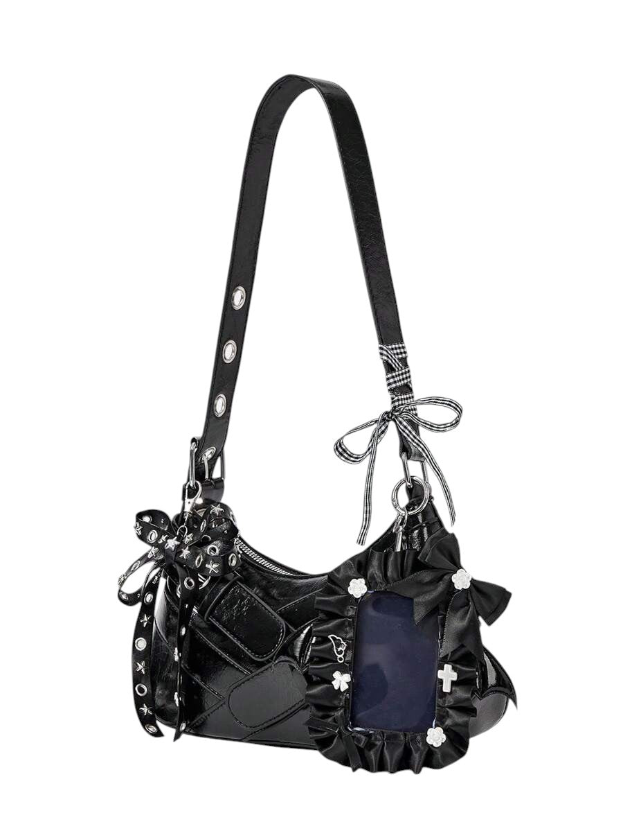 Women's Vintage Heart Charm Bow Accent Underarm Shoulder Bag