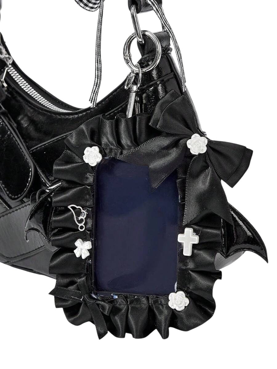 Women's Vintage Heart Charm Bow Accent Underarm Shoulder Bag