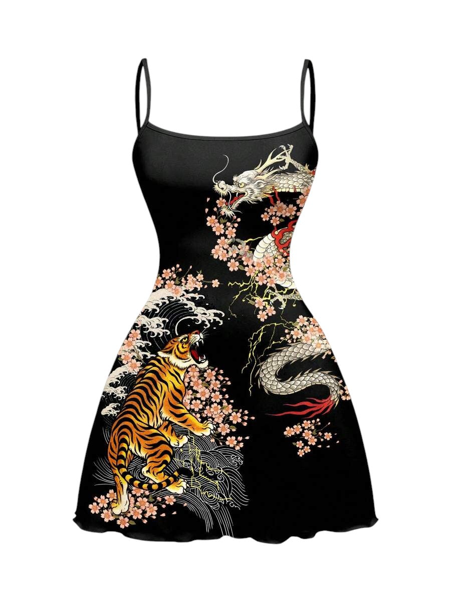 Women's Black Dark Tiger Sakura Floral Print Mini Dress