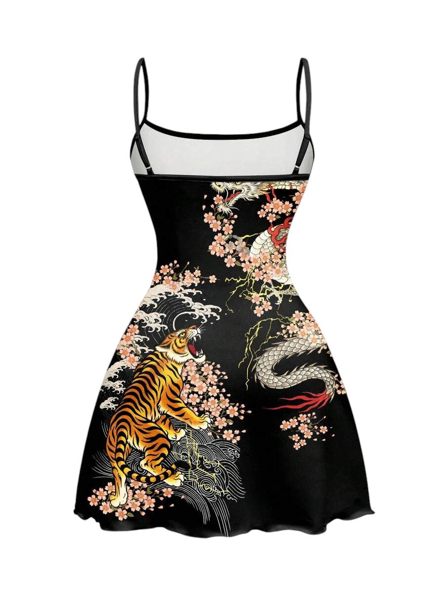 Women's Black Dark Tiger Sakura Floral Print Mini Dress