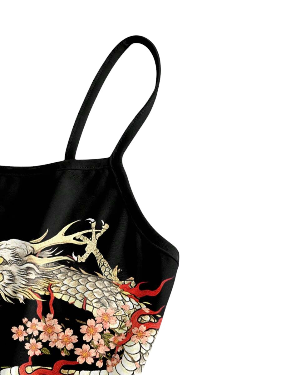 Women's Black Dark Tiger Sakura Floral Print Mini Dress