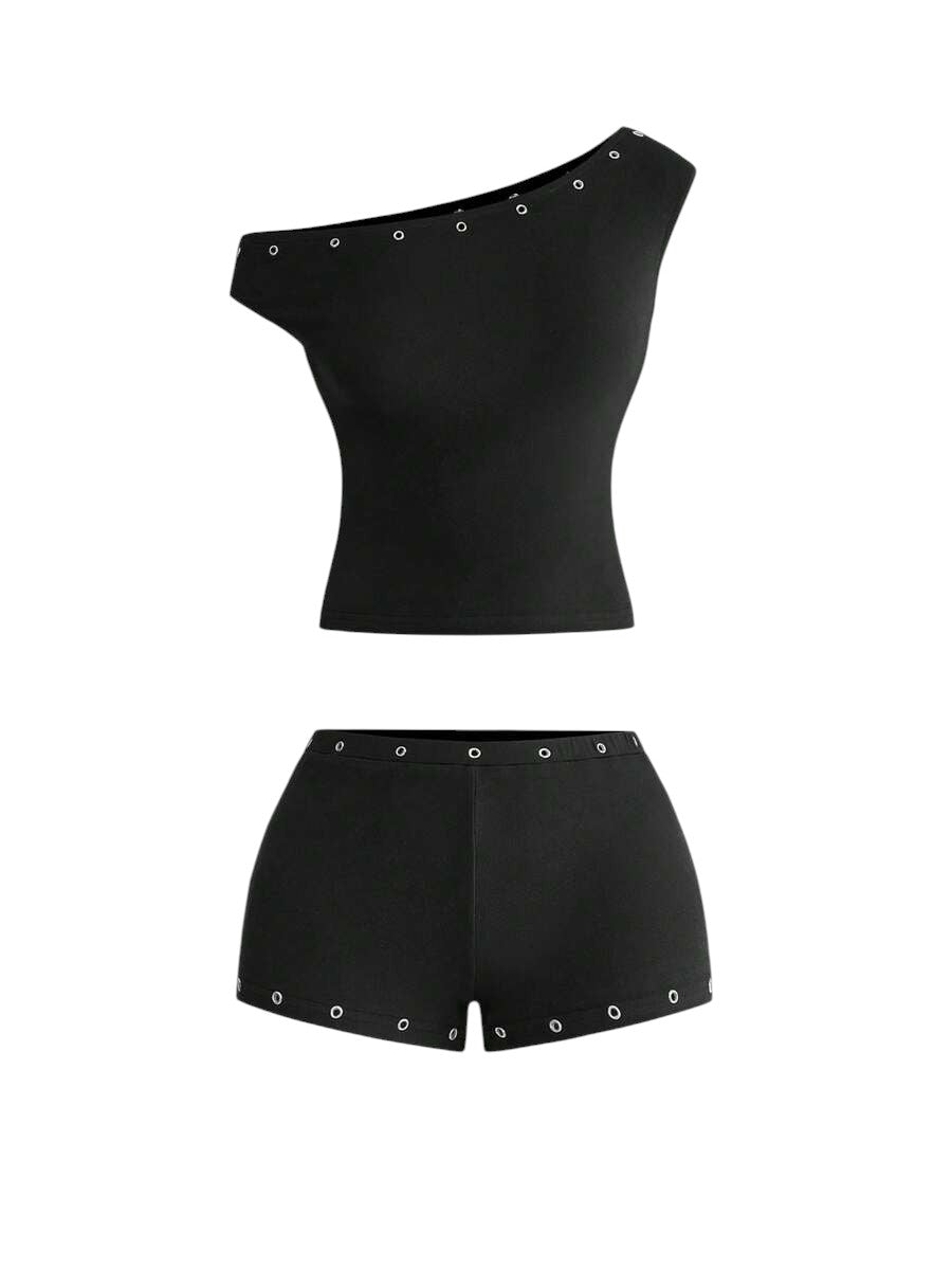 Women's Asymmetrical Black Neck Grommet Crop Top & Super Low Rise Mini Shorts Set