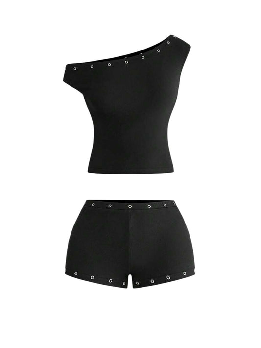 Women's Asymmetrical Black Neck Grommet Crop Top & Super Low Rise Mini Shorts Set