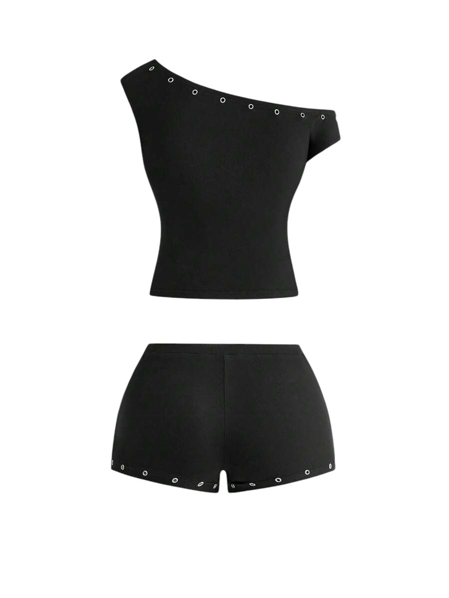 Women's Asymmetrical Black Neck Grommet Crop Top & Super Low Rise Mini Shorts Set