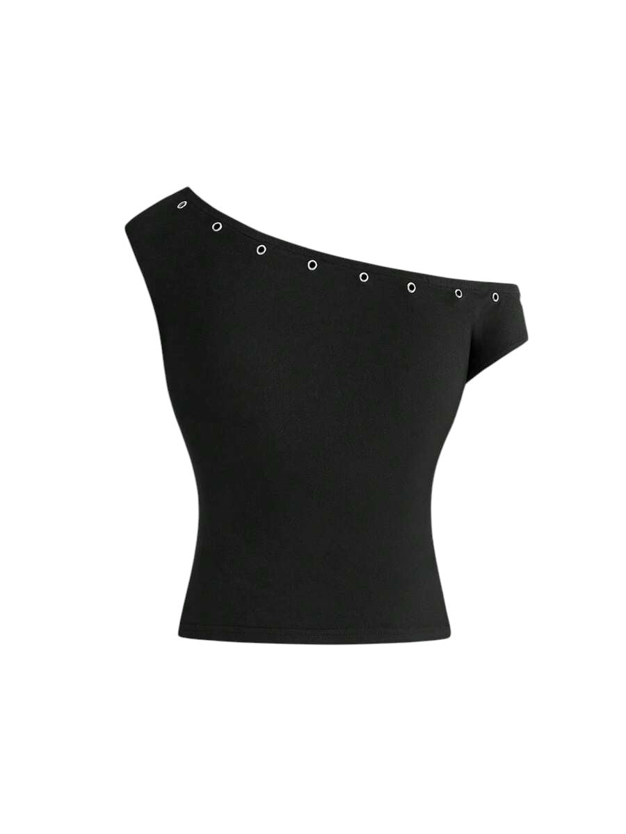Women's Asymmetrical Black Neck Grommet Crop Top & Super Low Rise Mini Shorts Set