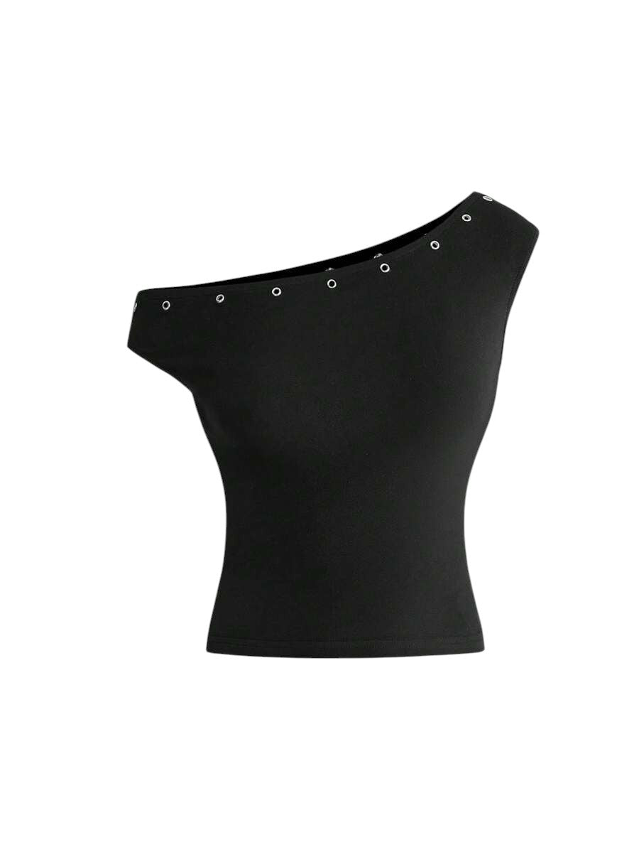 Women's Asymmetrical Black Neck Grommet Crop Top & Super Low Rise Mini Shorts Set