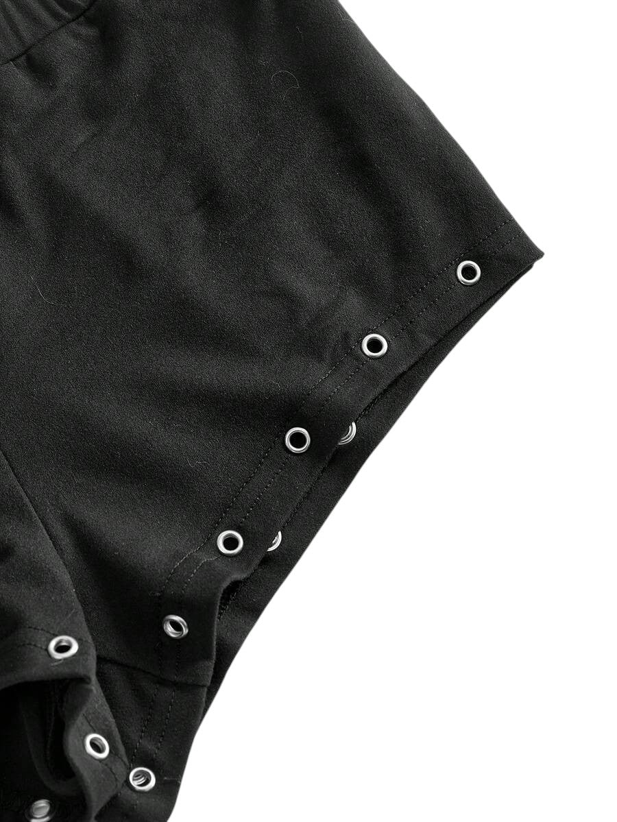 Women's Asymmetrical Black Neck Grommet Crop Top & Super Low Rise Mini Shorts Set