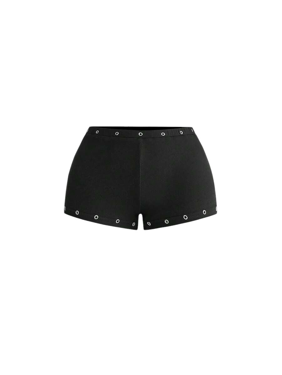Women's Asymmetrical Black Neck Grommet Crop Top & Super Low Rise Mini Shorts Set