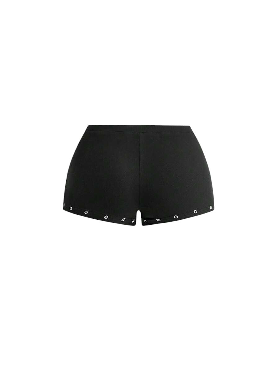 Women's Asymmetrical Black Neck Grommet Crop Top & Super Low Rise Mini Shorts Set