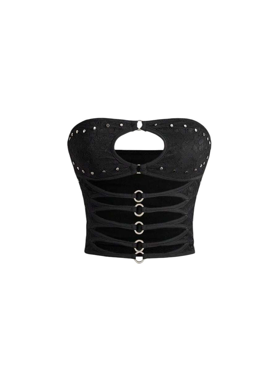 Women's Grunge Punk Lace Cutout Metal Buckle Crop Top