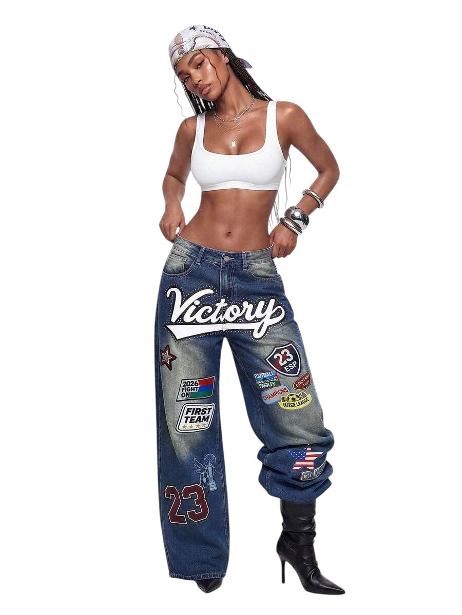 Retro Football Badge Rhinestone Wide Leg Denim Jeans