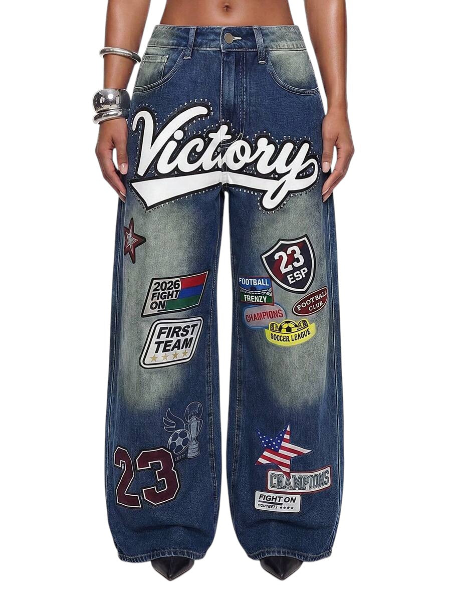 Retro Football Badge Rhinestone Wide Leg Denim Jeans