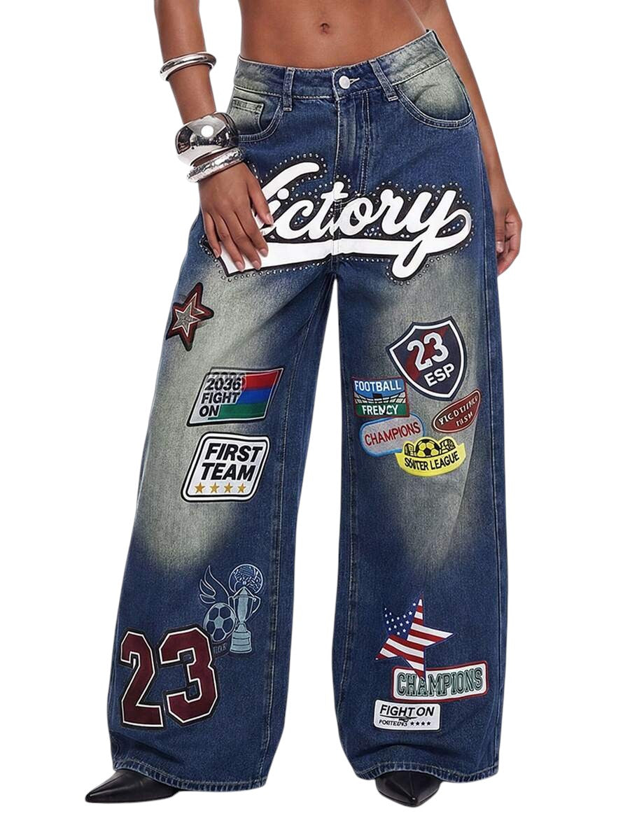 Retro Football Badge Rhinestone Wide Leg Denim Jeans