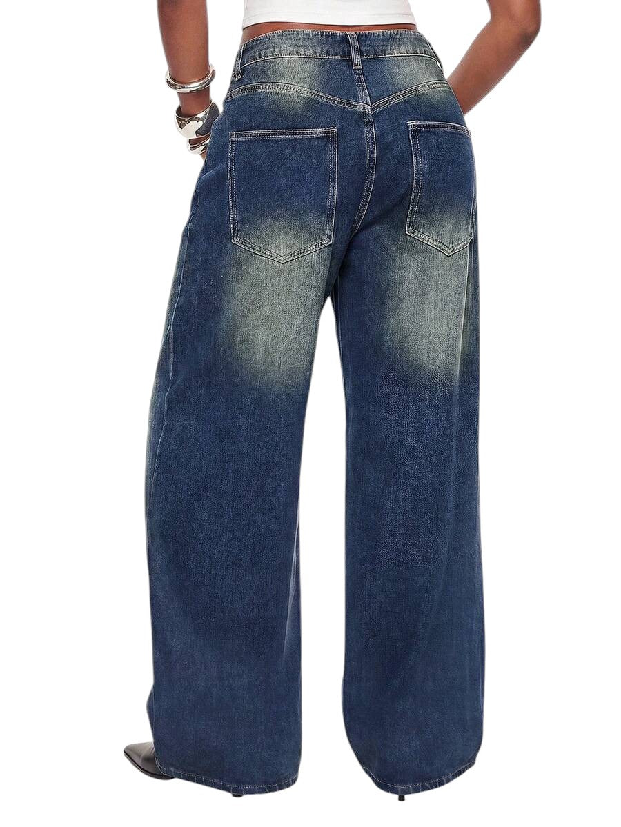 Retro Football Badge Rhinestone Wide Leg Denim Jeans