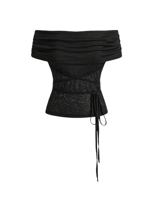Women's Off-Shoulder Tie Waist Bardot Crop Top