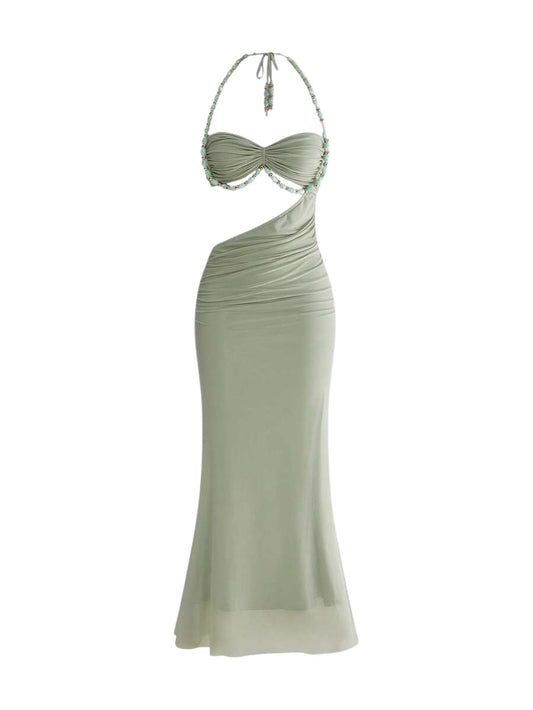Y2K Pearl Chain Halter Cutout Ruched Maxi Dress for Beach Vacation