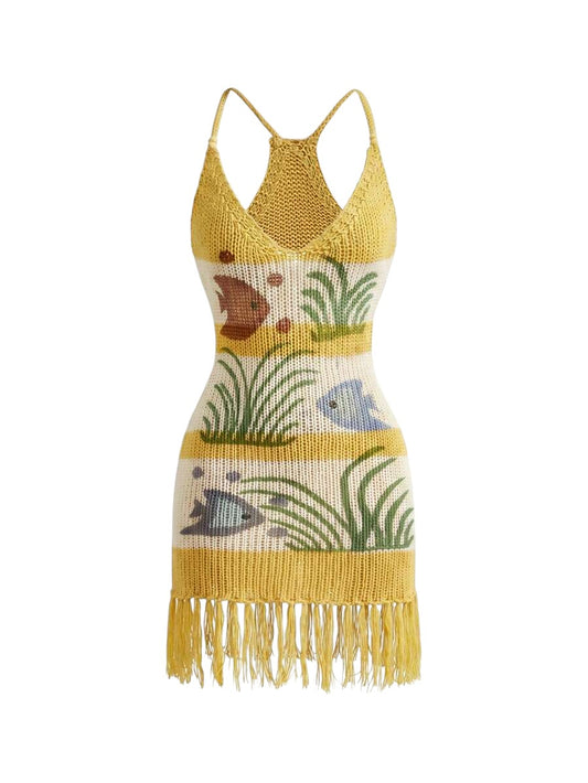Multicolor Fish Print Tassel Bodycon Knit Mini Dress for Beach Vacation