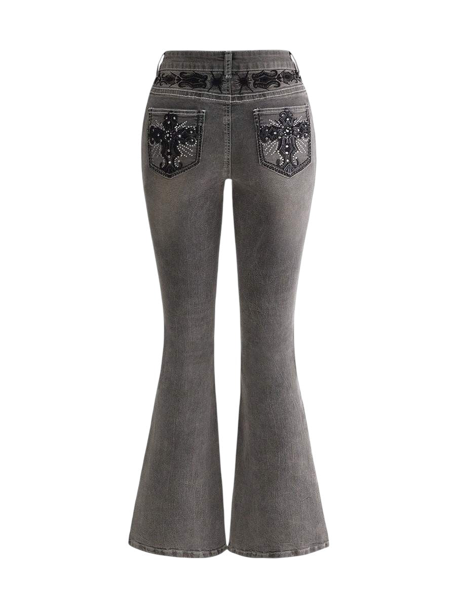Grey Y2K Cross Wing Embroidered Slim Flare Denim Jeans