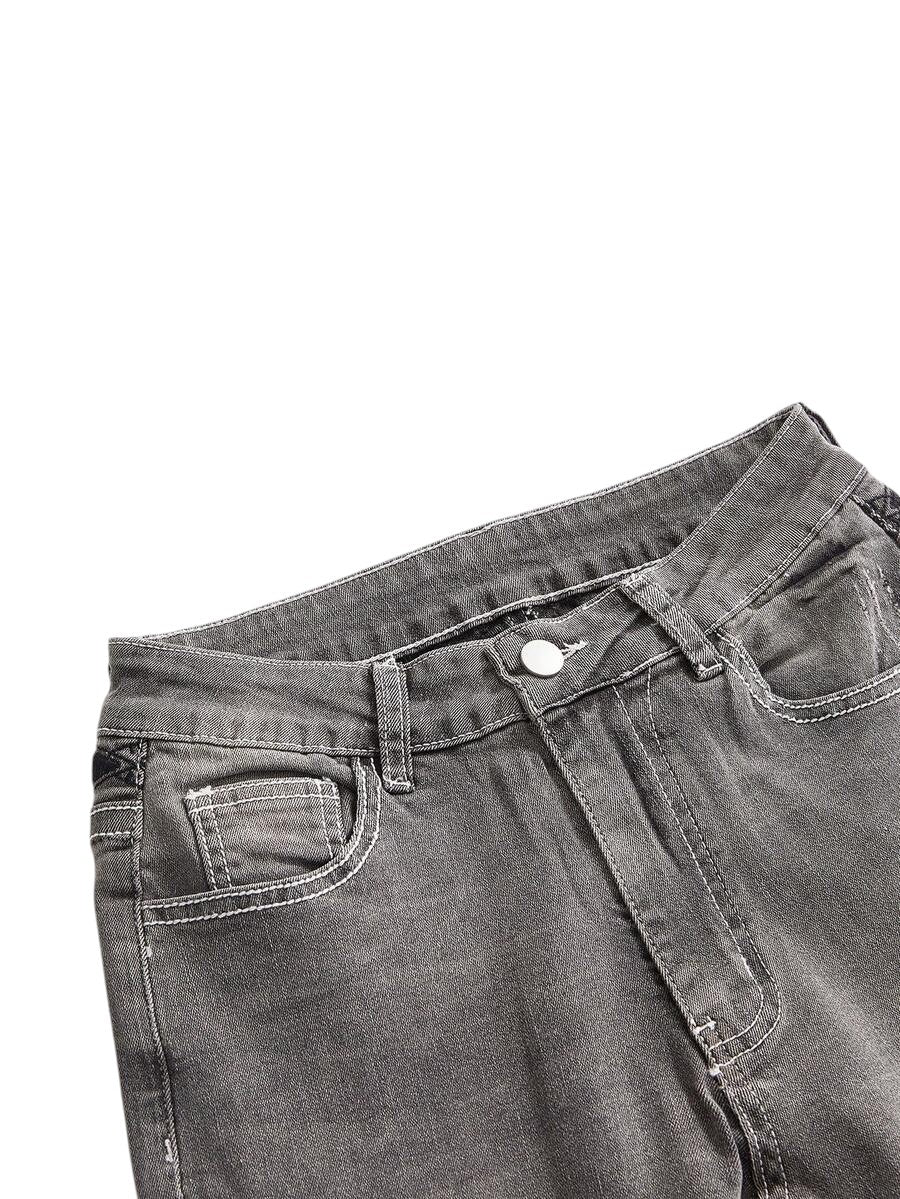 Grey Y2K Cross Wing Embroidered Slim Flare Denim Jeans