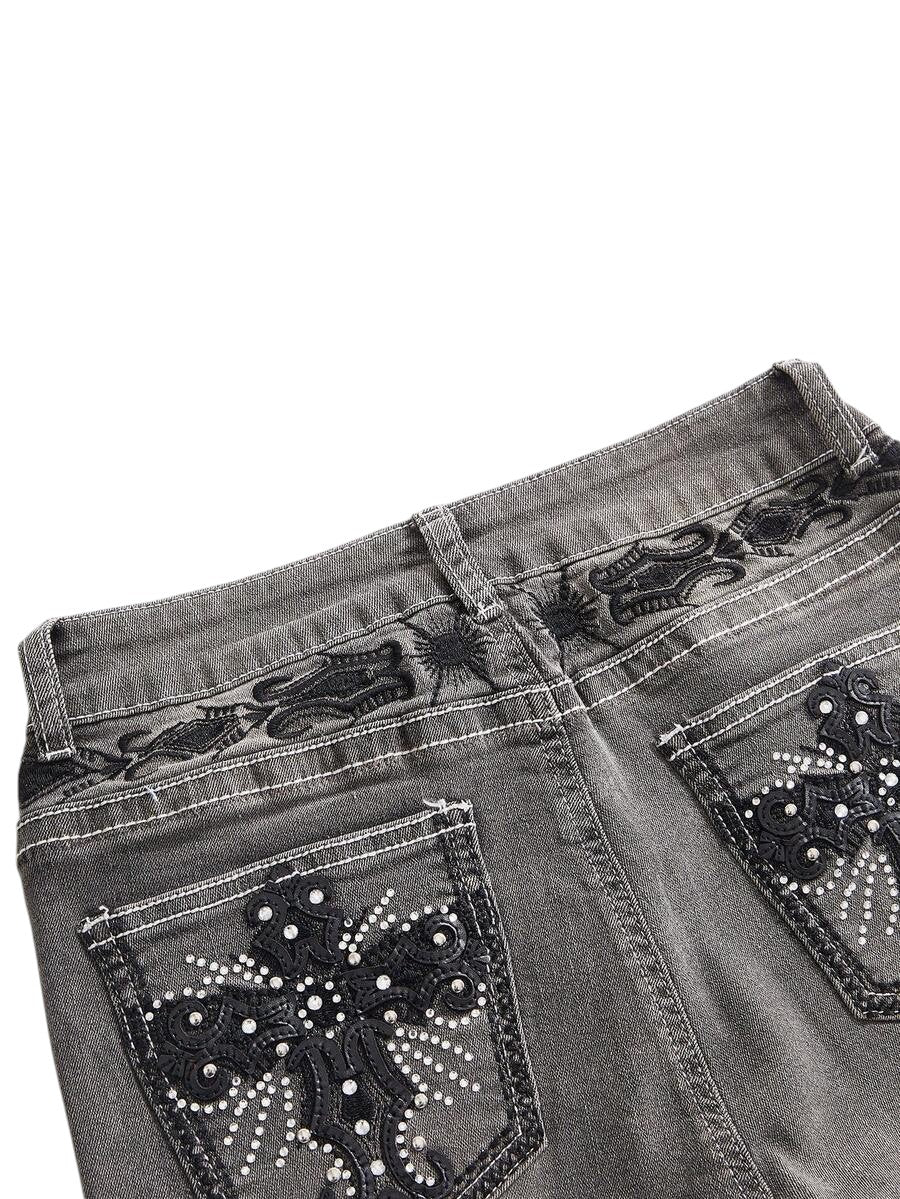 Grey Y2K Cross Wing Embroidered Slim Flare Denim Jeans