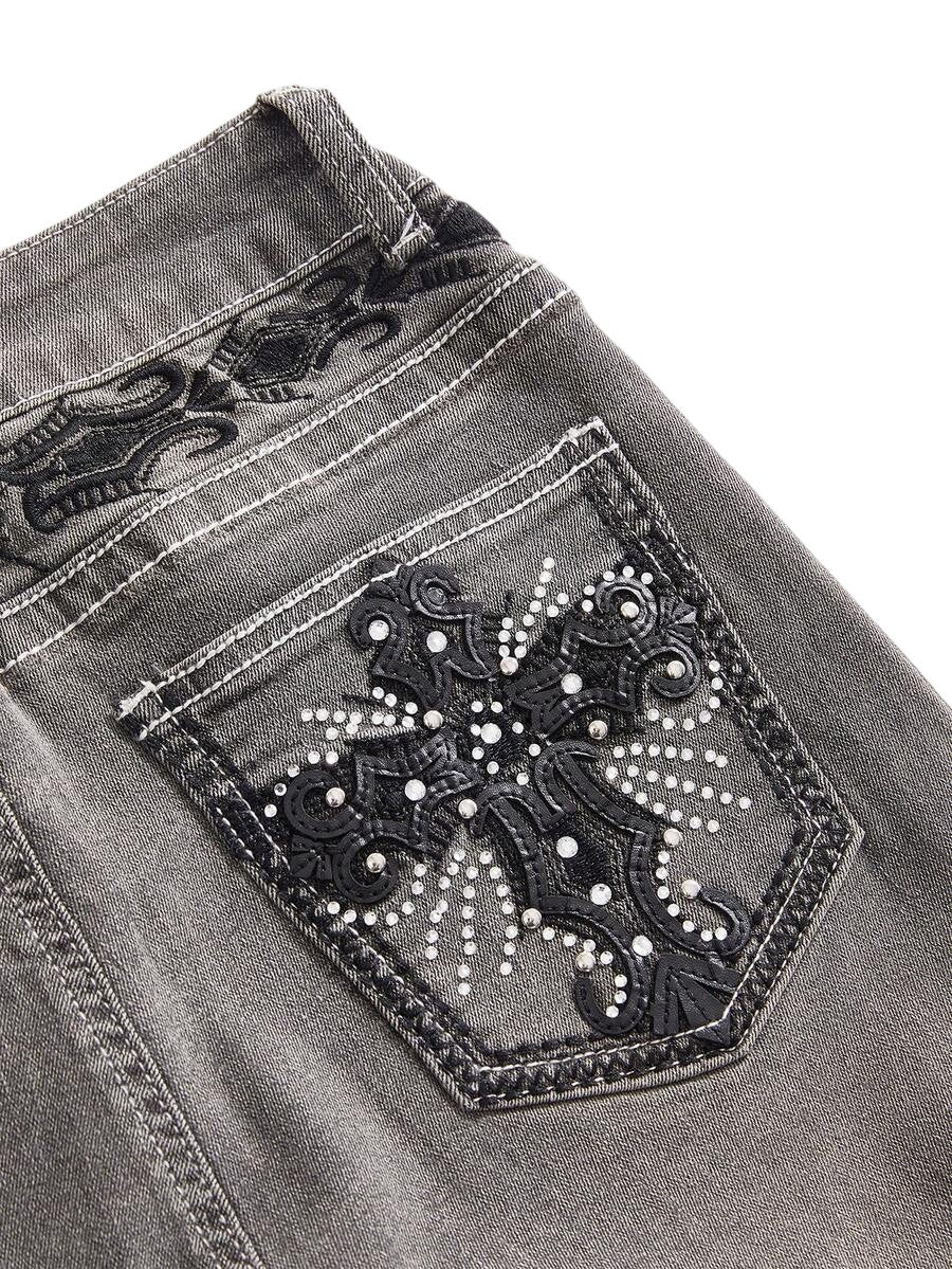 Grey Y2K Cross Wing Embroidered Slim Flare Denim Jeans