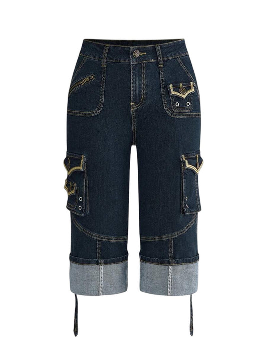 Women's Retro Low Rise Cargo Pocket Cuffed Denim Capri Pants
